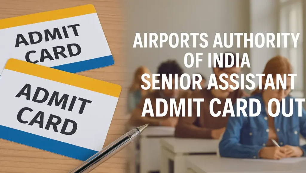 AAI Senior Assistant Admit Card 2025 out, students appearing in exam hall, admit cards on table – Airports Authority of India recruitment update