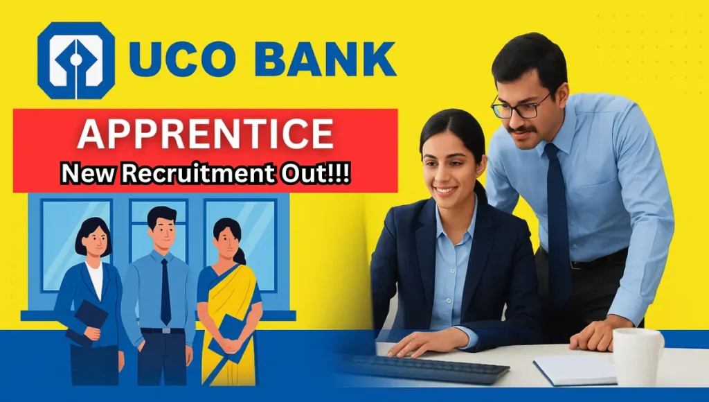 Students applying online for UCO Bank Apprenticeship Recruitment 2025 with UCO Bank logo and exam-related visuals