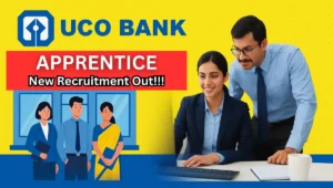 Students applying online for UCO Bank Apprenticeship Recruitment 2025 with UCO Bank logo and exam-related visuals