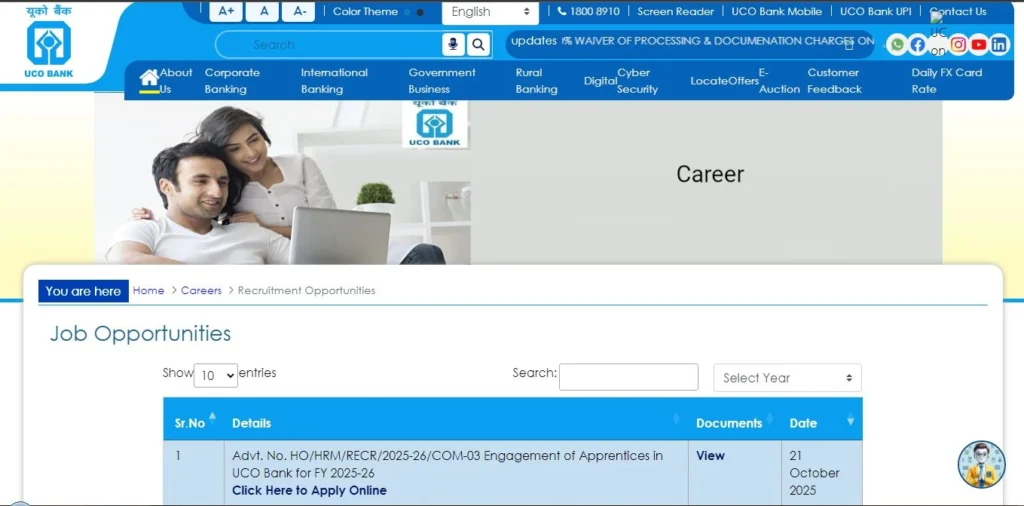 The Uco bank's recruitment notification page for Apprenticeship 2025