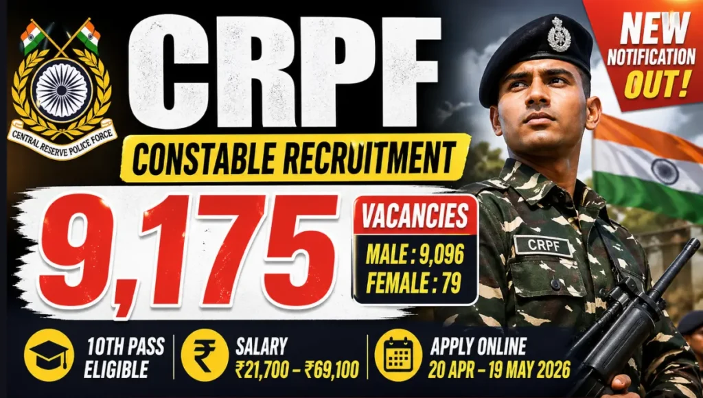 CRPF Constable Bharti 2026 image with 9175 vacancies, salary ₹21700 to ₹69100 and apply online dates April to May 2026