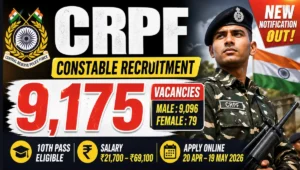 CRPF Constable Bharti 2026 image with 9175 vacancies, salary ₹21700 to ₹69100 and apply online dates April to May 2026