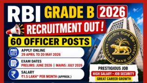 RBI Grade B Recruitment 2026 notification thumbnail showing Reserve Bank of India logo with text apply online, eligibility, exam date and vacancies details