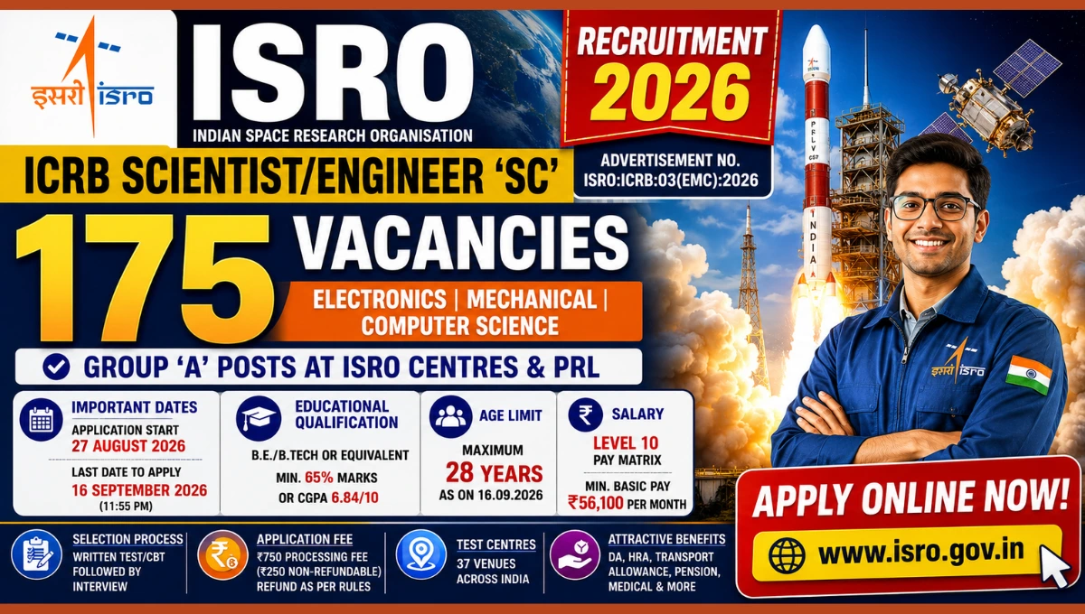 ISRO ICRB Scientist Engineer Recruitment 2026 for 175 vacancies in Electronics, Mechanical and Computer Science