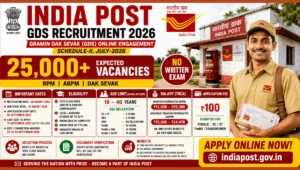 India Post GDS Recruitment 2026 featured image showing BPM, ABPM and Dak Sevak posts, 25,000+ expected vacancies and no written exam
