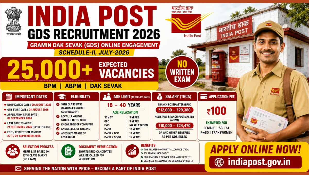 India Post GDS Recruitment 2026 featured image showing BPM, ABPM and Dak Sevak posts, 25,000+ expected vacancies and no written exam